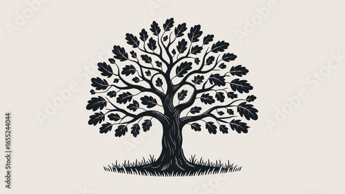 A black and white tree illustration with leaves branches trunk nature forest botanical plant drawing art design