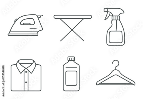 Linear laundry icon set featuring iron, ironing board, spray bottle, shirt, detergent, and hanger symbols