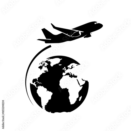 Silhouette icon of an airplane flying around the Earth, symbolizing global travel and tourism.