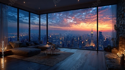 Modern penthouse living room with city sunset view