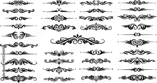 Collection of decorative ornamental swirls borders, flourishes and dividers ornate tribal elements in black on white background
