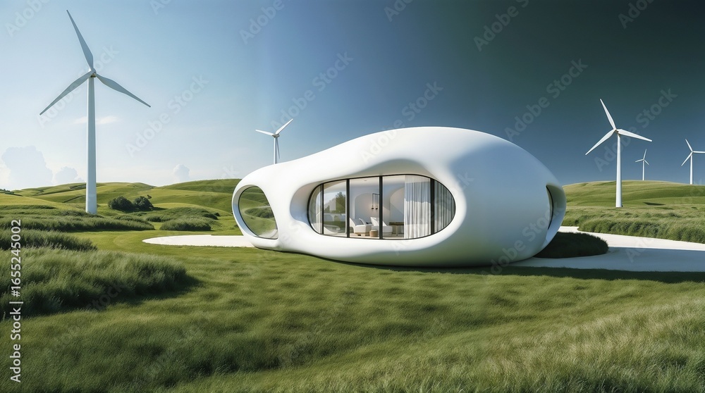 Fototapeta premium sustainable architectural structure with smooth curves in green landscape for modern city concept