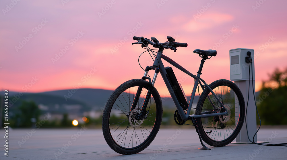 Fototapeta premium Electric Tactical Bike Parked at Charging Rack at Dusk