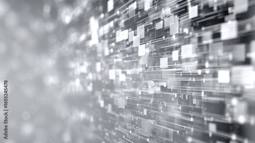 Obraz premium The artwork showcases an abstract representation filled with shimmering silver and white squares and lines, symbolizing rapid technological movement and data transmission.