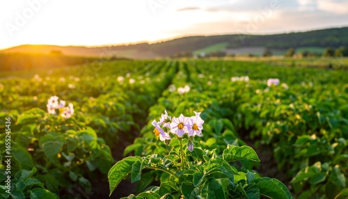 A sprawling potato field in bloom at sunset.