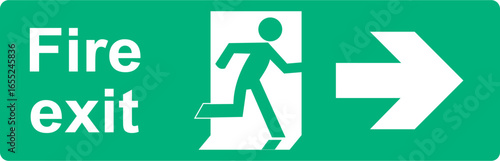 Green and white vector graphic of a fire exit sign. It consists of an arrow pointing right  indicating the direction of escape a person in a firedoor and a label with the text Fire Exit.