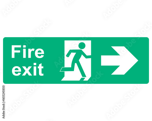 Transparent PNG file of green and white vector graphic of a fire exit sign. It consists of an arrow pointing right  indicating the direction of escape a person in a firedoor and the text Fire Exit.