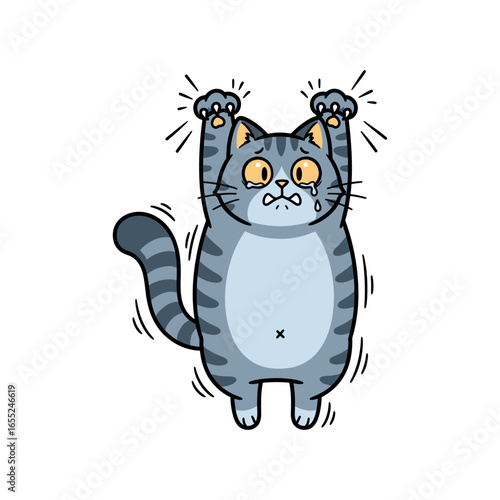 Distressed and anxious cartoon cat illustration, a cute striped feline with wide, tearful eyes raising its paws in a gesture of fear or pleading, isolated vector art.