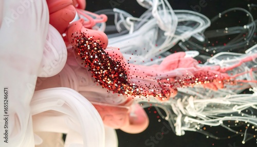 Red and white swirling ink with glittering particles creates a mesmerizing abstract design.