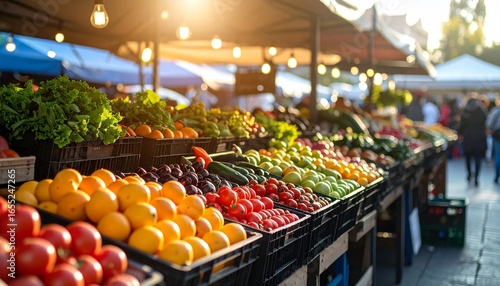 High-quality, professional marketing-style photograph of colorful fruit and vegetable market stalls, shot with a 50mm lens, eye-level angle, minimalist composition with clear focal point on produce, s