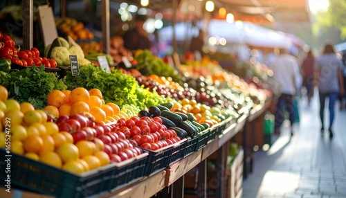 High-quality, professional marketing-style photograph of colorful fruit and vegetable market stalls, shot with a 50mm lens, eye-level angle, minimalist composition with clear focal point on produce, s