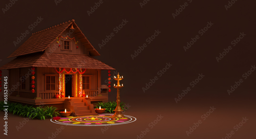 custom made wallpaper toronto digitalOnam festival house decoration night light lamp pookalam Kerala tradition architecture home celebration background 3d render hindu holiday