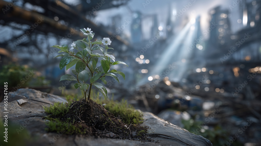 Fototapeta premium Artistic composition: delicate green sapling growing amidst steel beams and factory ruins, light streaming through gaps, symbolizing hope in industrialized world