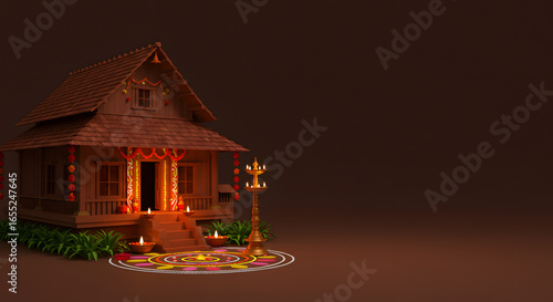Onam festival house decoration night light lamp pookalam Kerala tradition architecture home celebration background 3d render hindu holiday