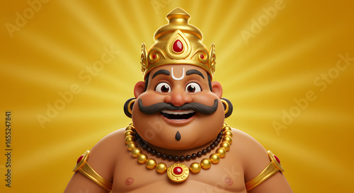 King mahabali character onam festival kerala legend mythology cartoon 3d face smile happy expression culture tradition india background