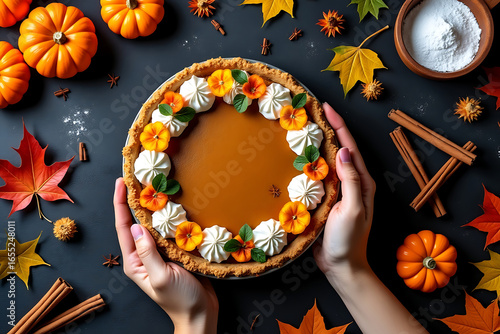 Overhead View of Pumpkin Pie Decorated with Cream and Flowers on Dark Background