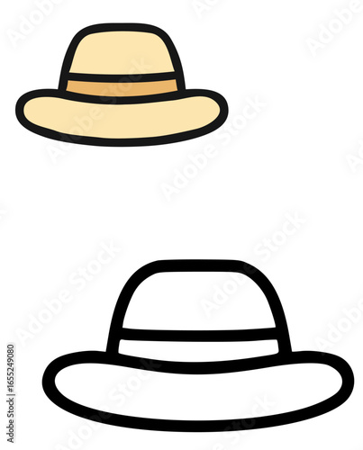 A simple illustration of a fedora hat, shown in color and as a line drawing.