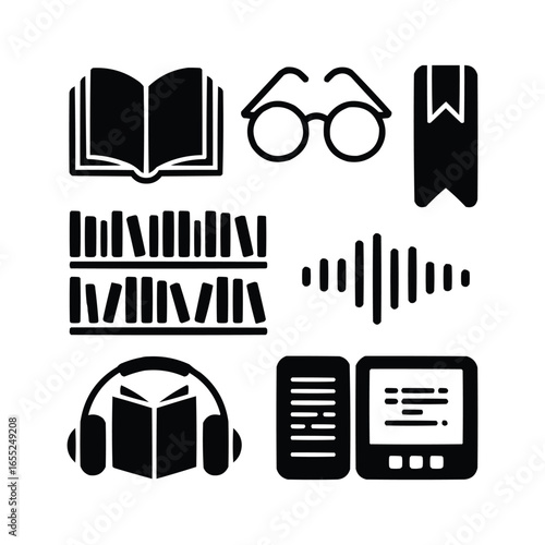 Modern Book Icons Reading, Audiobooks, E-readers, and Library Shelf.