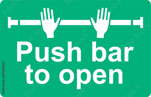 Green and white vector graphic of a Push bar to open sign. Showing how to open a fire door