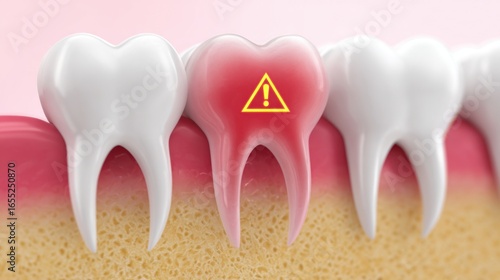 A visual depicts healthy teeth alongside one with decay represented by a warning icon. The background highlights gum health, emphasizing the importance of dental hygiene.