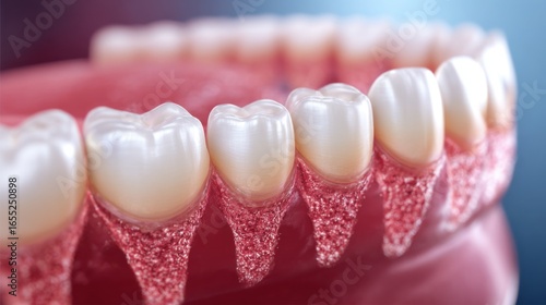 Close-up examination of human teeth and gums reveals details of dental structure, highlighting the importance of oral health and hygiene practices in a clinical environment.