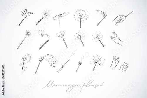 Magic wands and hand gestures with sparkles and stars in a clean vector doodle style on white background