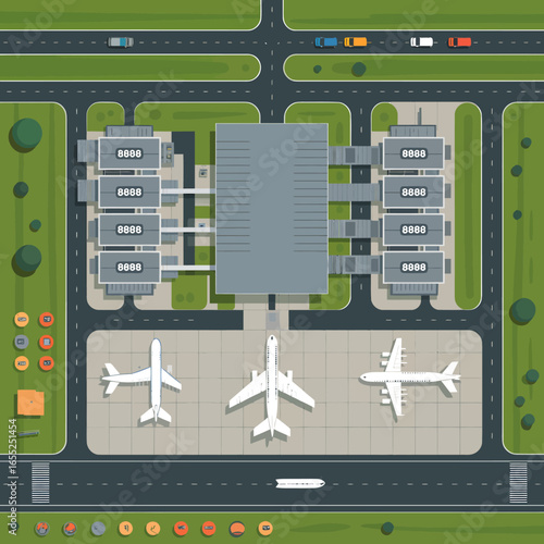 Aerial view of a modern airport terminal and runway