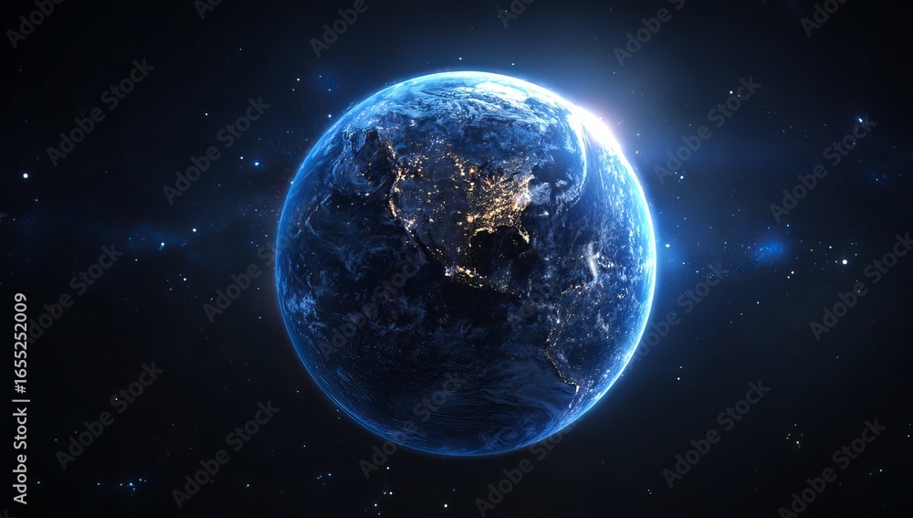 Fototapeta premium A blue Earth with glowing lights on it, centered in the frame against a black background, surrounded by stars and space, in a cinematic style