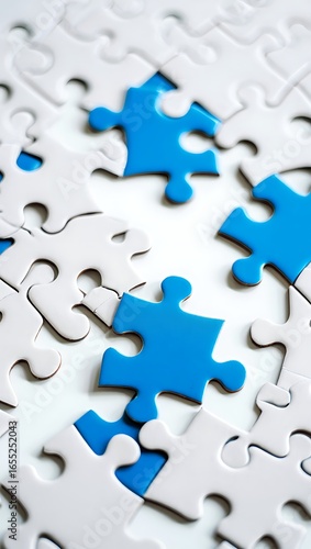 Blue Puzzle Pieces Connecting in a White Jigsaw