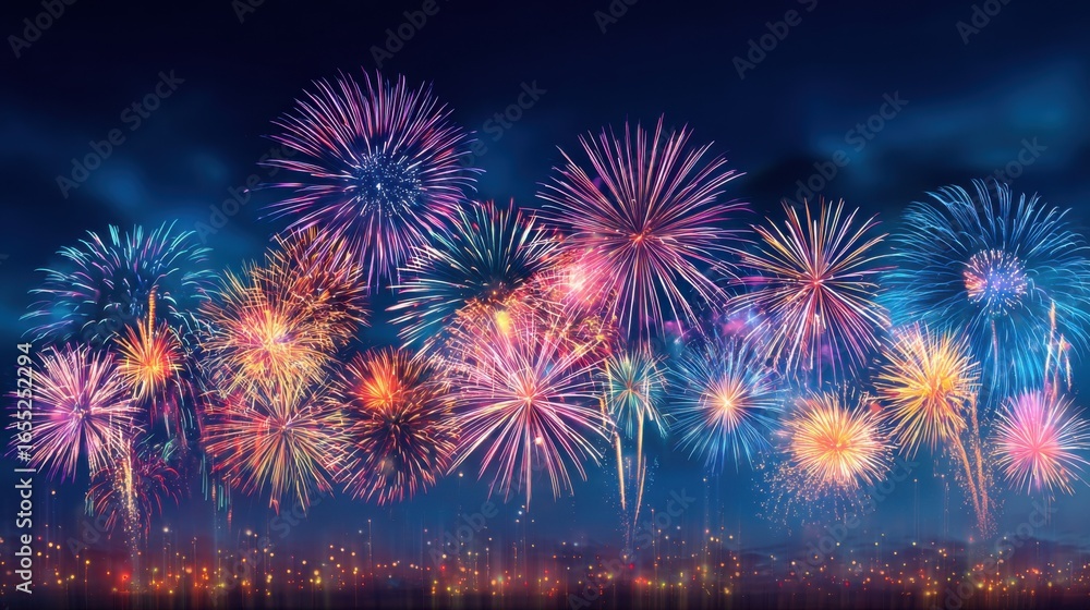 Obraz premium Bright fireworks burst in vibrant colors over a city skyline, creating a stunning display against the night sky. This celebration showcases the joy of the occasion.