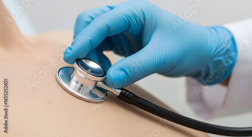 Doctor in gloves listens to patient's chest with stethoscope.