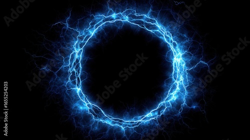 Bright electric blue energy forms a circular shape, surrounded by intense lightning effects, creating a striking visual contrast against a black backdrop. This dynamic display evokes a sense of power.