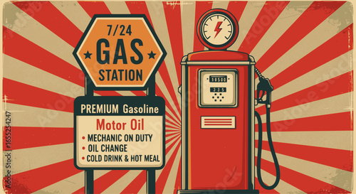 Retro poster design template for gas station. Retro poster design for gas pump. Gas station, motor oil and gasoline. Multilayer SVG file without gaps between paths.