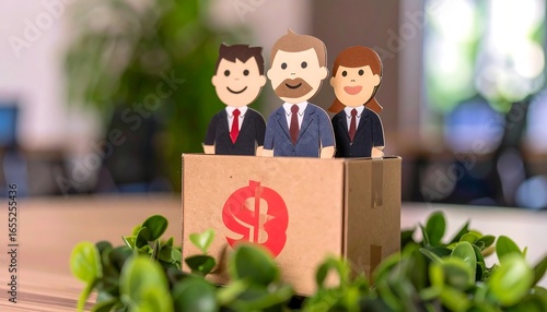 Three stylized business figures stand inside a cardboard box displaying a dollar sign, suggesting financial opportunity and professional prospects.