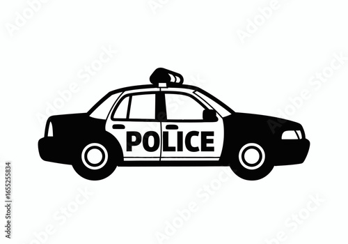 Illustration of a classic black and white police car with the word police on its side and flashing lights on top symbolizing law enforcement and public safety