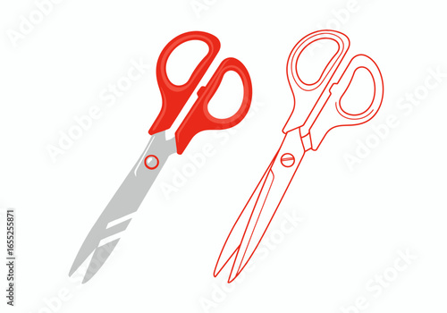 Two Detailed Illustrations of Red Handled Scissors One Colored and One Black and White Line Drawing Showing the Anatomy of a Cutting Tool