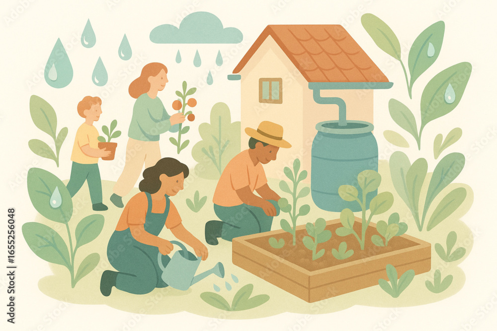 Obraz premium Stylized Flat Vector Illustration of a Community Garden with Rainwater Collection — People Caring for Plants with Water Droplets