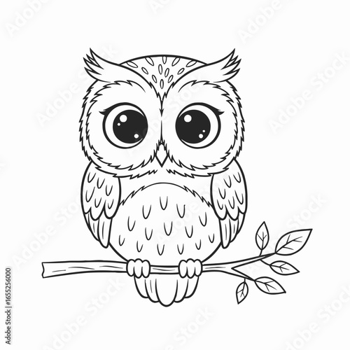 A Charming Cartoon Owl Sitting on a Branch with Leaves in a Black and White Drawing Style