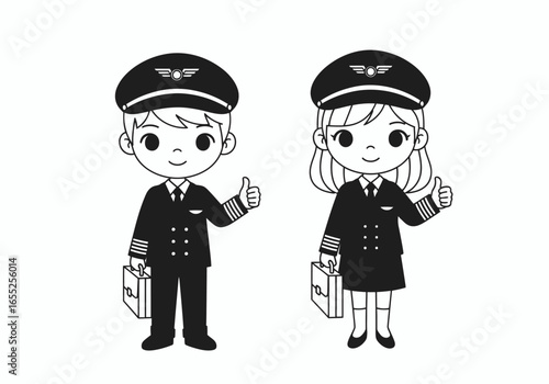 Adorable Cartoon Illustration of a Male and Female Pilot Giving a Thumbs Up While Holding Briefcases