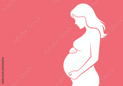 Silhouette of a pregnant woman cradling her baby bump in profile against a soft pink background showing the journey of motherhood and expectation