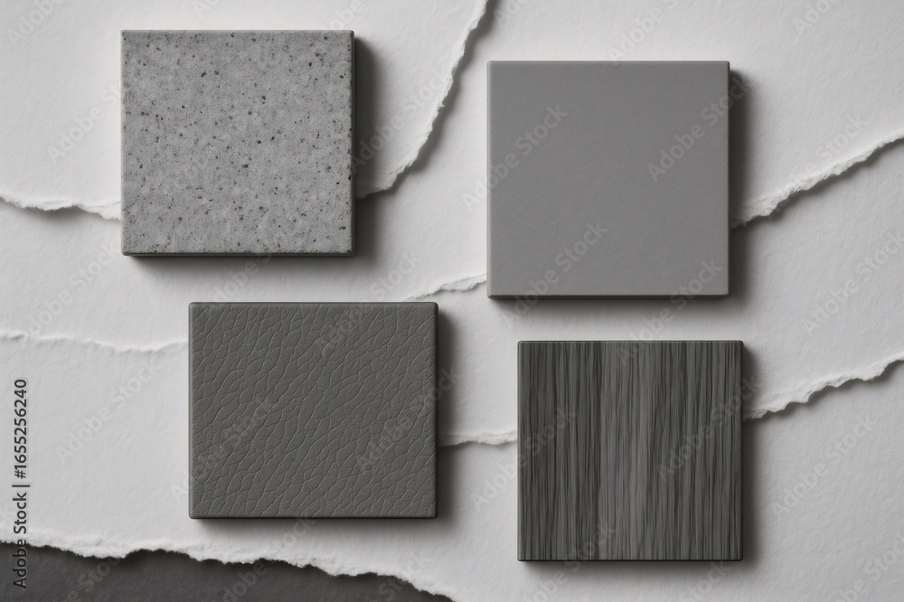 Fototapeta premium Four square material samples featuring wood, stone, leather, and solid colors arranged on a torn paper background, creating a monochrome palette for design concepts
