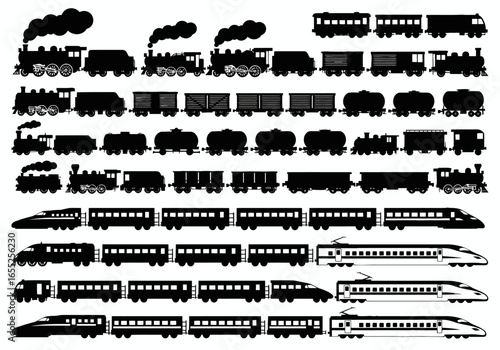A Diverse Collection of Train Silhouettes Showcasing Various Eras and Types of Locomotives and Carriages for Graphic Design Projects