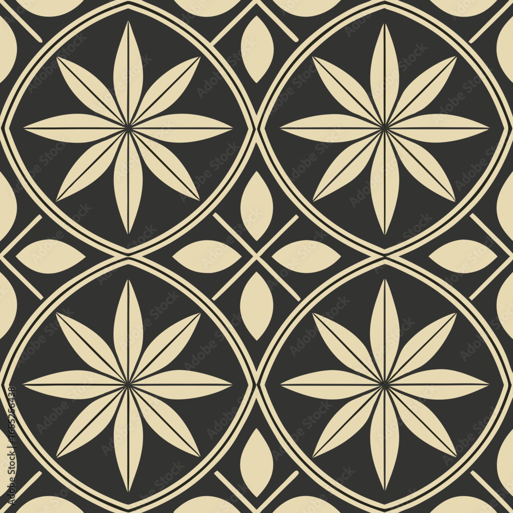 Fototapeta premium Geometric seamless vector pattern with black and gold flower shapes, mosaic 
