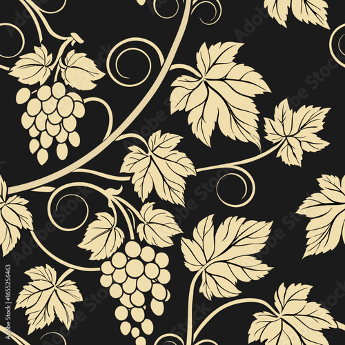 Opulent seamless vector pattern featuring grapevine leaves and grapes  