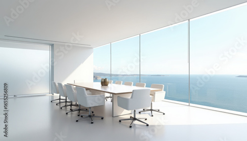 Modern conference room with ocean view, bright natural light, and sleek white furniture for professional meetings