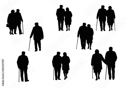 Silhouettes of Elderly Couples Walking Together with Walking Sticks and Hats Symbolizing Companionship and Aging Gracefully