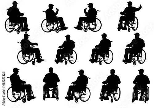 Collection of Silhouettes of People in Wheelchairs Demonstrating Various Poses and Movements for Visual Representation