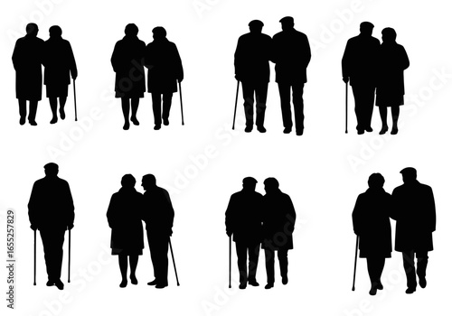 Silhouettes of Elderly Couples Walking Together Outdoors Illustrating Companion Support and Mobility Assistance in Senior Years