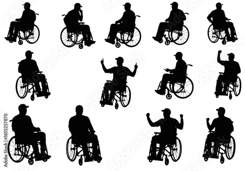 Diverse Silhouettes of People in Wheelchairs Demonstrating Various Poses and Activities