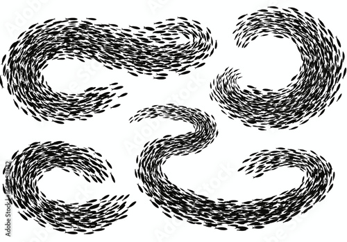 Abstract Illustration of Schools of Fish Swimming in Synchronized Swirls and Waves on a White Background Creating a Dynamic and Artistic Visual Effect